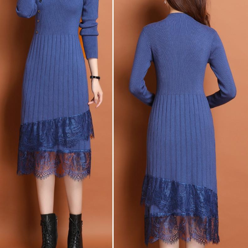 Вязаное платье для женщин на осень и зиму, кружевной длинный свитер, приталенное, однотонное платье-свитер