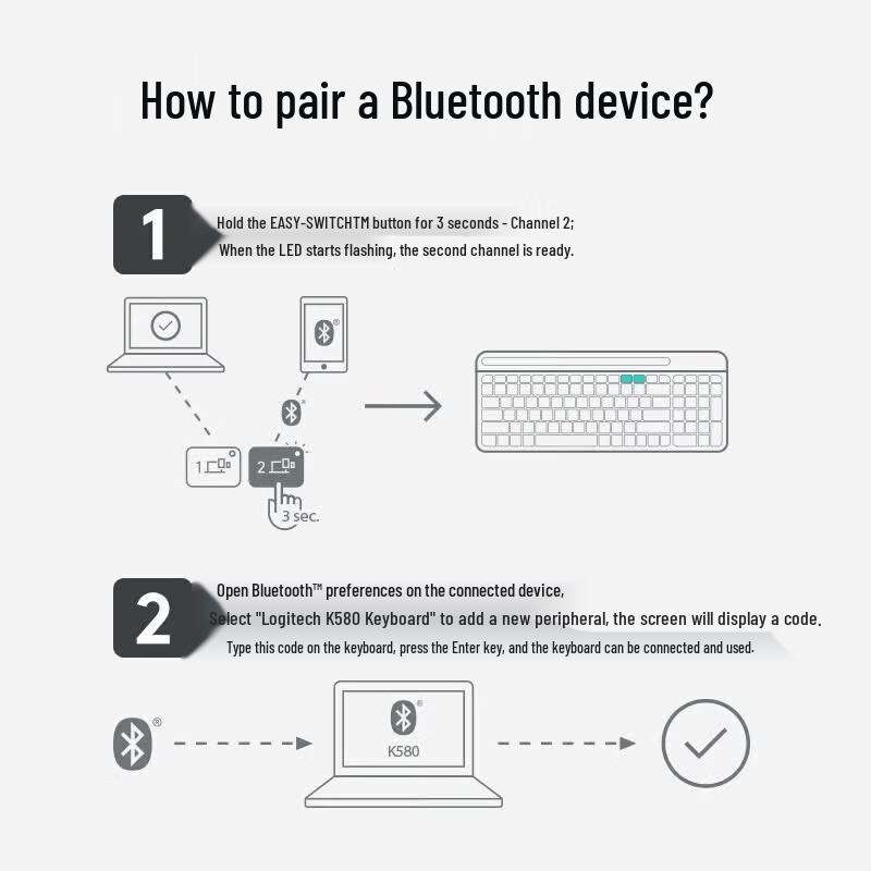 Ультратонкая беспроводная клавиатура Logitech K580 с тихим ходом клавиш, двойной режим