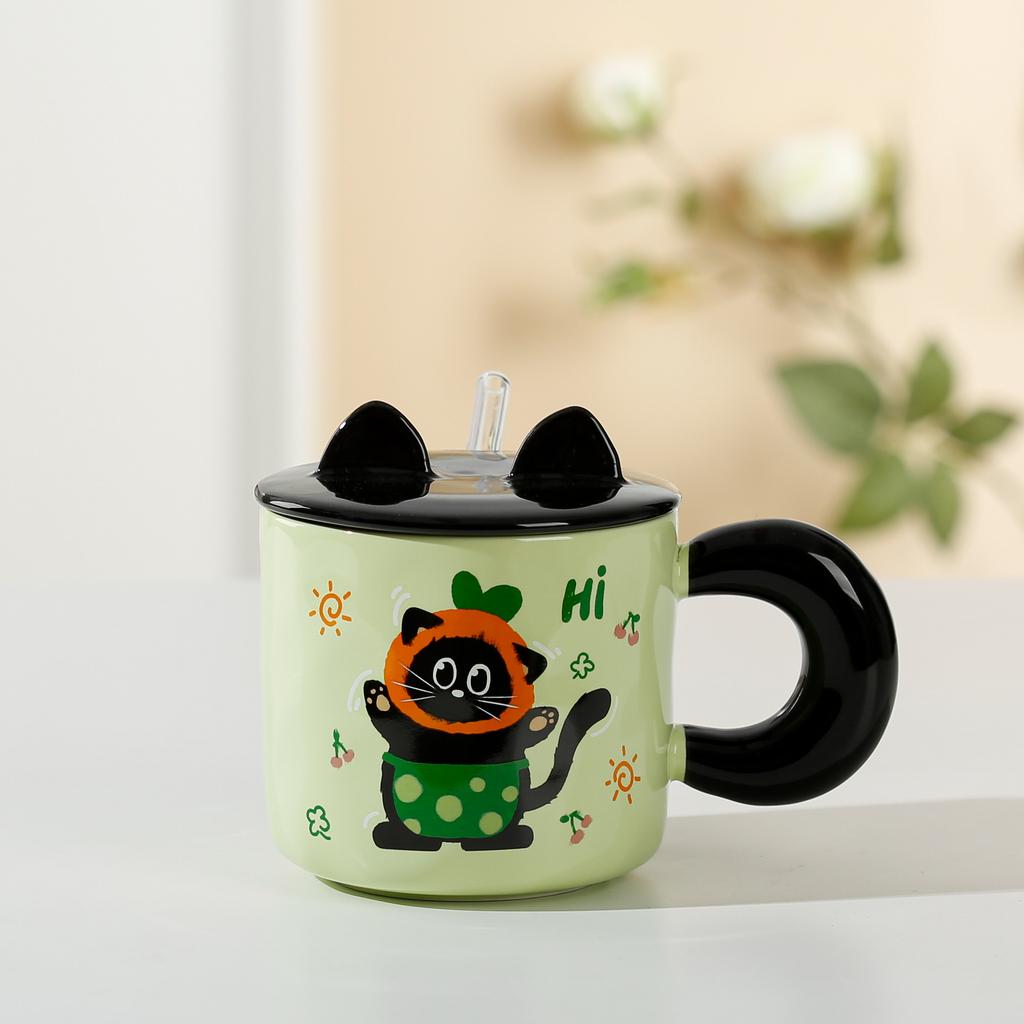 Рельефный котенок с крышкой, милый, высокий, девочка, керамический набор чашек, соломенная чашка, мультяшная кружка, открывающаяся в подарок
