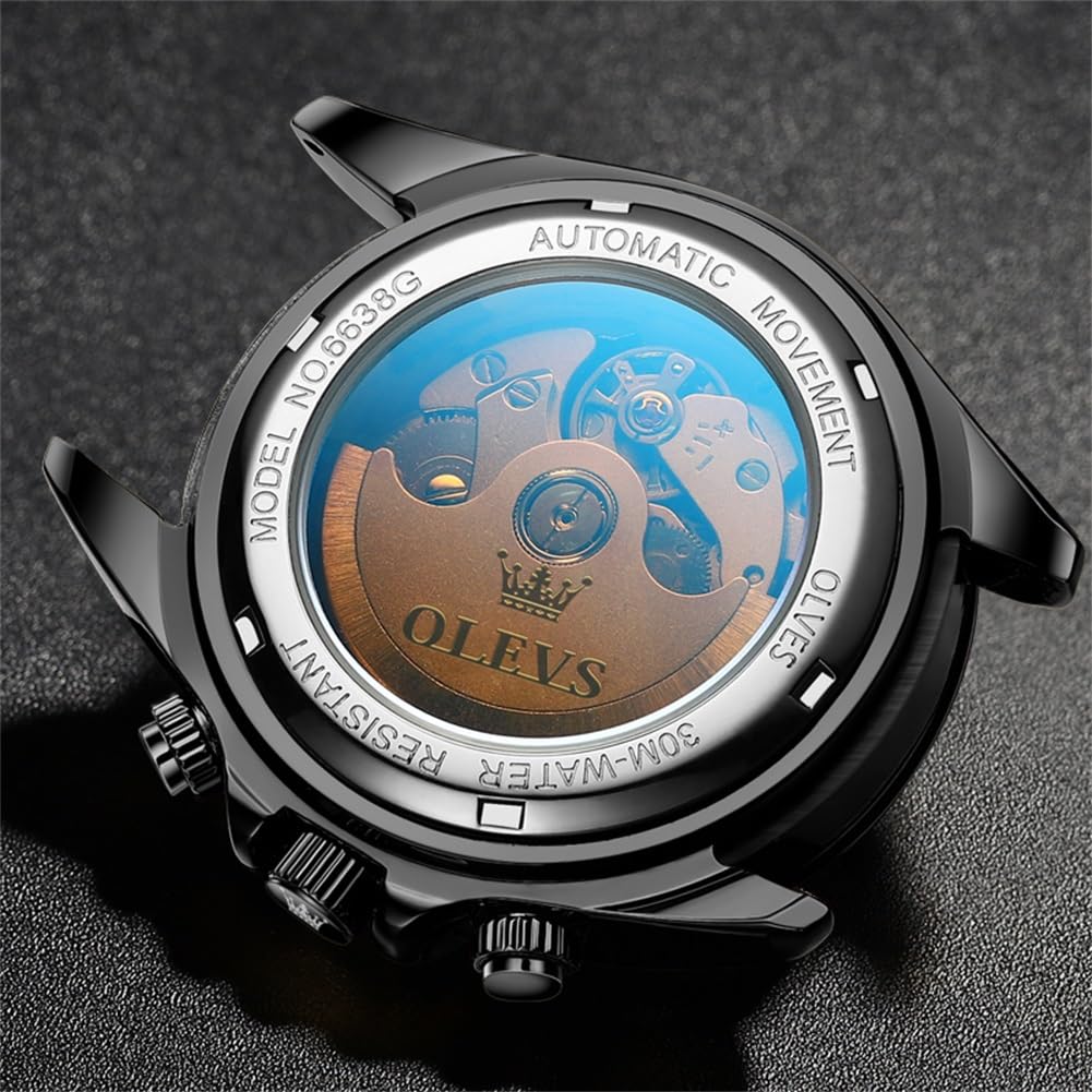 OLEVS Watch Automatic Arm Watch Black Популярные часы Automatic Belt 3 ATM Водонепроницаемые Светящиеся Календарь Дата Скелетон Мода Черный Мужские Мужские