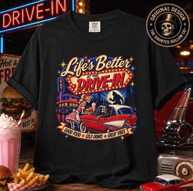 HOT!! Life's Better at the Drive-In, Retro Horror Cotton Black Unisex T-Shirt