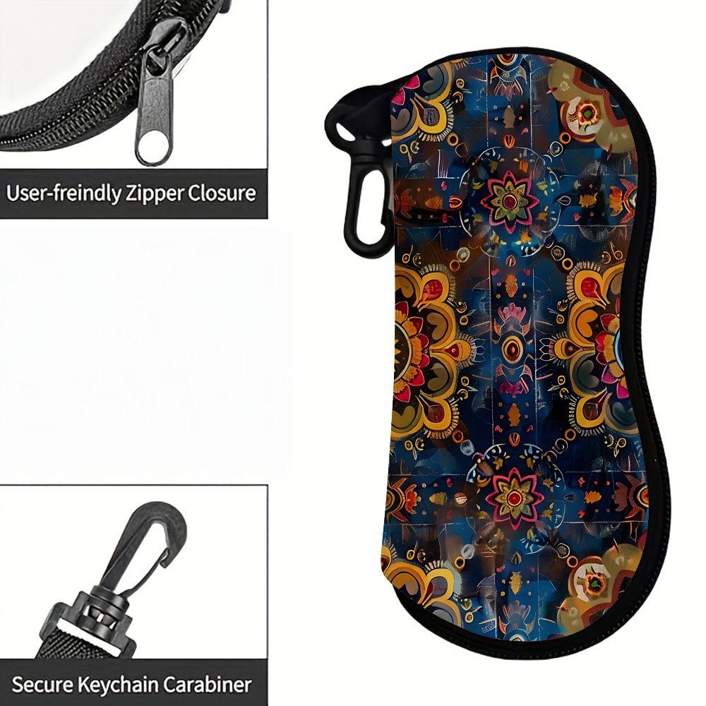 2D-Bohemian Floral Pattern Zipper Sunglasses Case, Vintage Mandala Print Eyeglasses Storage Box, Protective Spectacle Container for Women Travel