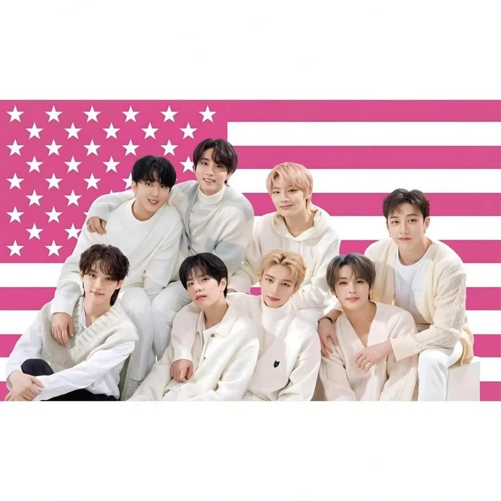 SKZ Pink American Flag Tapestry KPop Idol Group Flat Print Wall Hanging Fan Merch Decor for Bedroom Dorm Ideal Gift