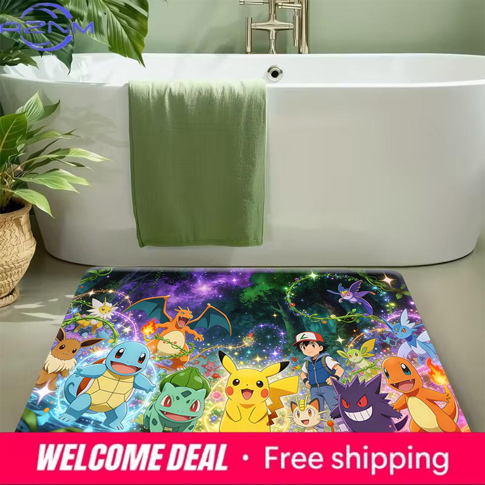 Pokemon Ash & Pikachu Galaxy Forest Print Doormat Non-Slip Absorbent Floor Mat for Indoor Entrance Home Decor