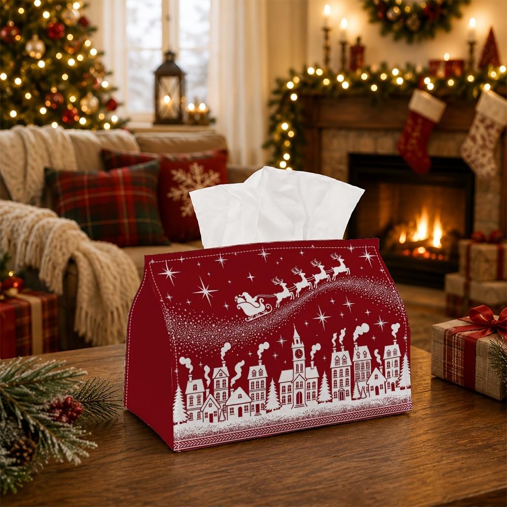 1pc Classic Winter Village Tissue Box | Multi-Functional Seasonal Napkin Dispenser, Suitable for Home, Xmas Parties Santa Sleigh Flying Silhouette Tre
