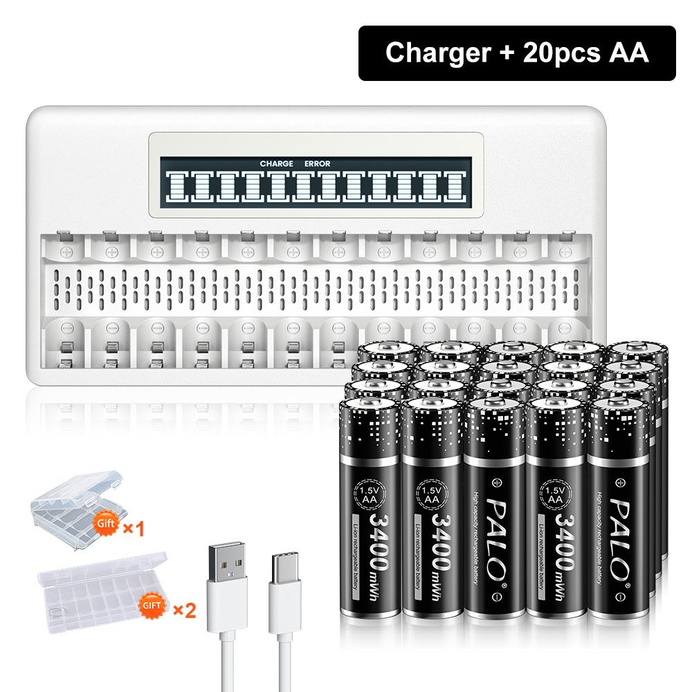 PALO 3400 МВтч, литий-ионная аккумуляторная батарея AA, 1,5 В, литиевые батарейки AA, 2A + 12 слотов, зарядное устройство для аккумуляторов AA, 1,5 В, AAA