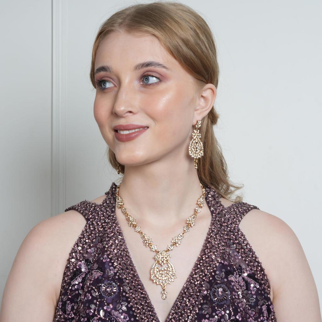 Touchstone индийский Болливуд великолепный замысловатый мастерский сверкающий горный хрусталь кристалл свадебный дизайнерский комплект ювелирных изделий ожерелье золотой или серебряный тон