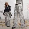 unifree Letter Print Tie-Dye Distressed Loose Straight-Leg Pants