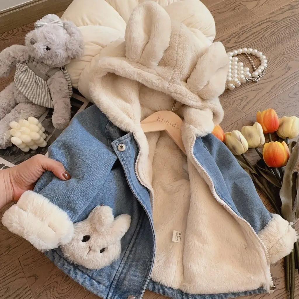 Autumn Winter Children Outerwear Clothing Plush Thicken Warm Baby Girls Denim Jacket Cute Plush Rabbit Ears Hooded Coats