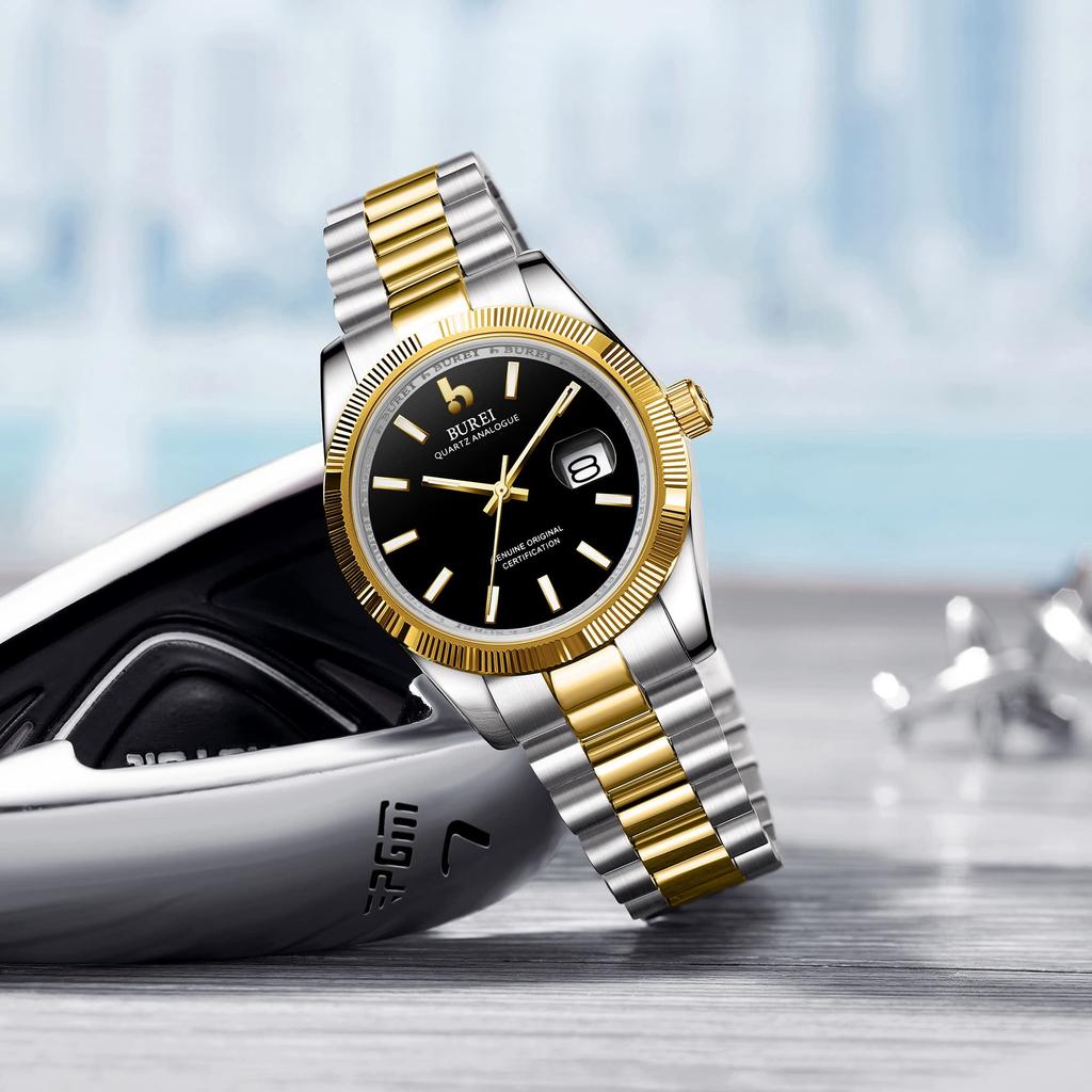 Часы водонепроницаемые брендовые кварцевые аналоговые часы простые популярные деловые модные золотые черные светящиеся часы подарок на день рождения [BUREI] мужские