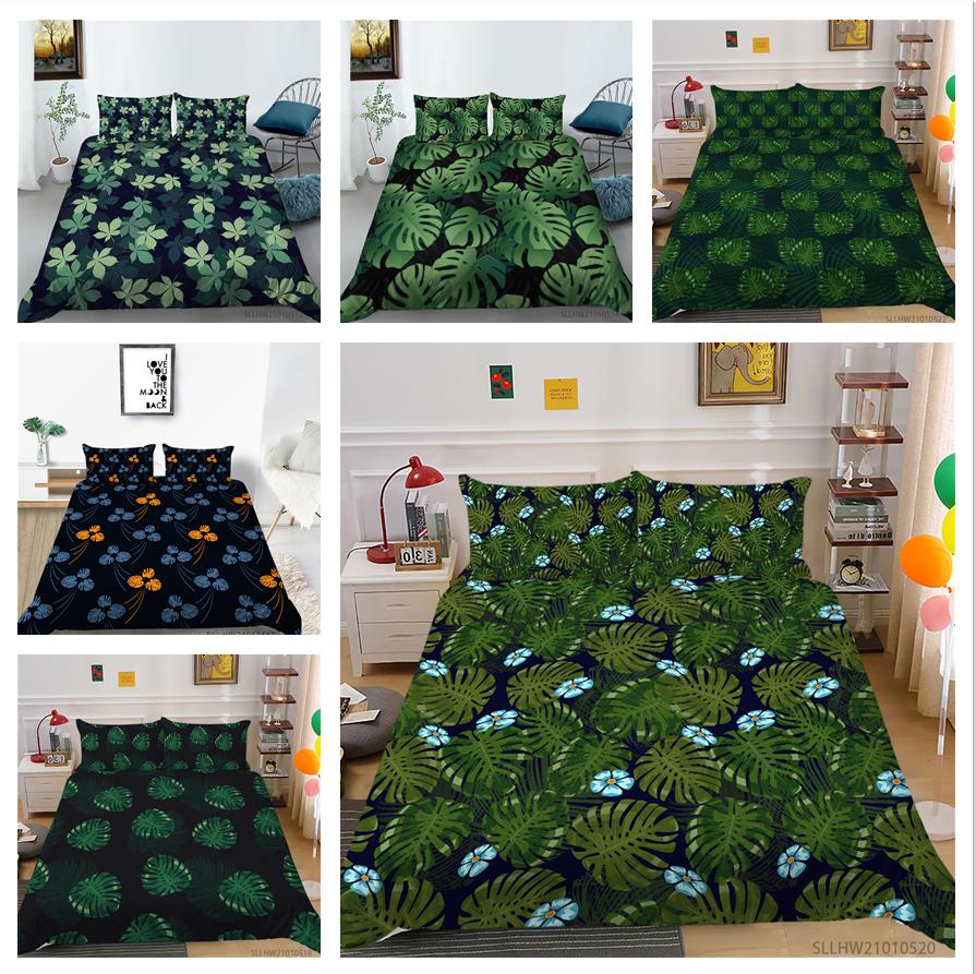 3D Green Leaf Bedding Plant Down Quilt Cover and Pillowcase 2 or 3 Pieces of Microfiber Fabric with Zipper Washable Super Soft Home Decoration
