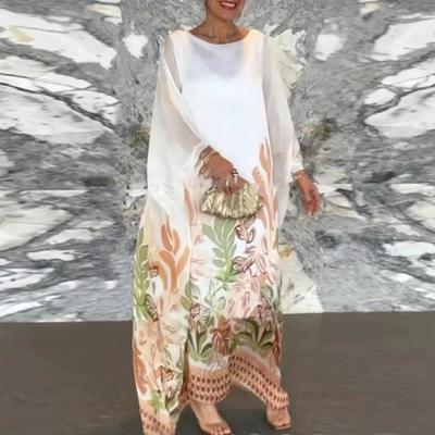 Осень Весна Женское Платье Оверсайз Цветочный Принт Сочетание Цветов Тип Халата Длинное