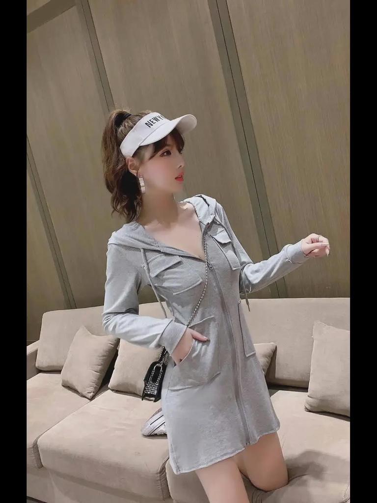 Plush Long-Sleeve Zippered Hoodie Dress - European and American Autumn/Winter Style for Women