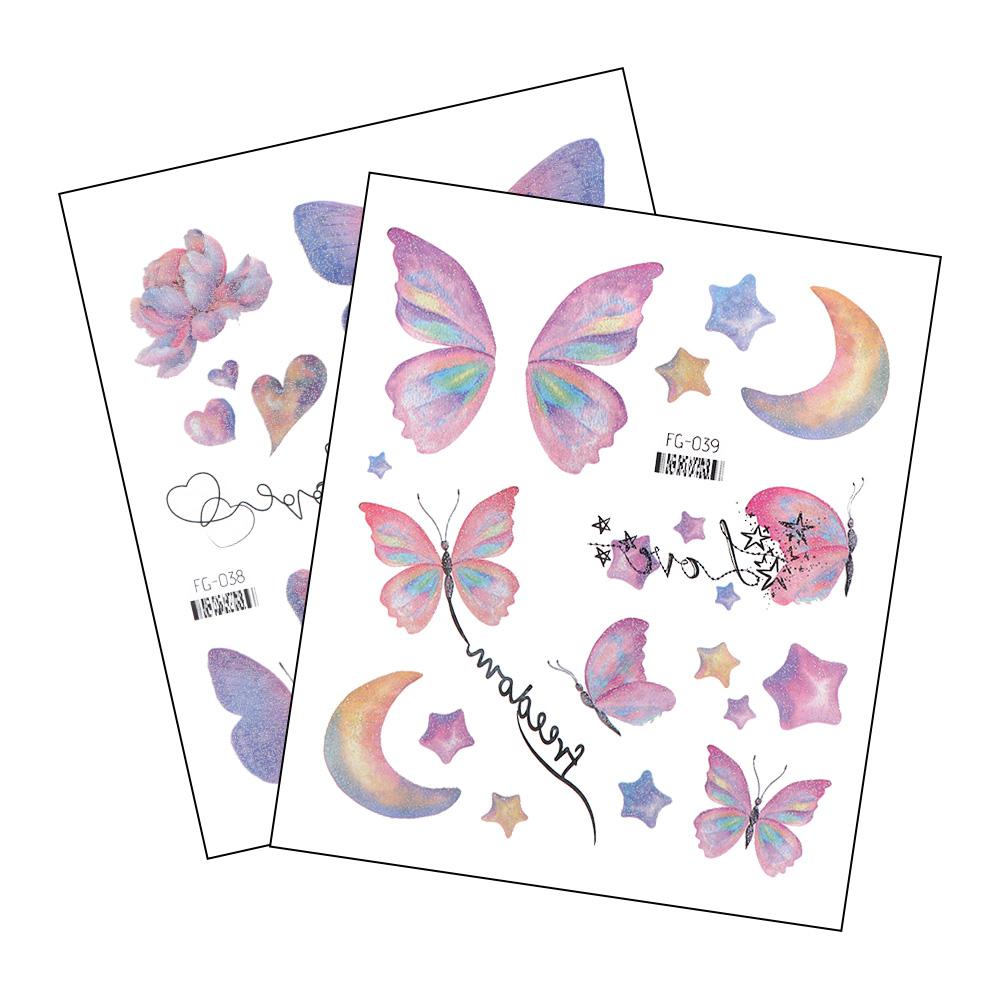 Временные татуировки Лунное лицо Крылья Поддельная татуировка Наклейки татуировки бабочки Наклейки татуировки цветы