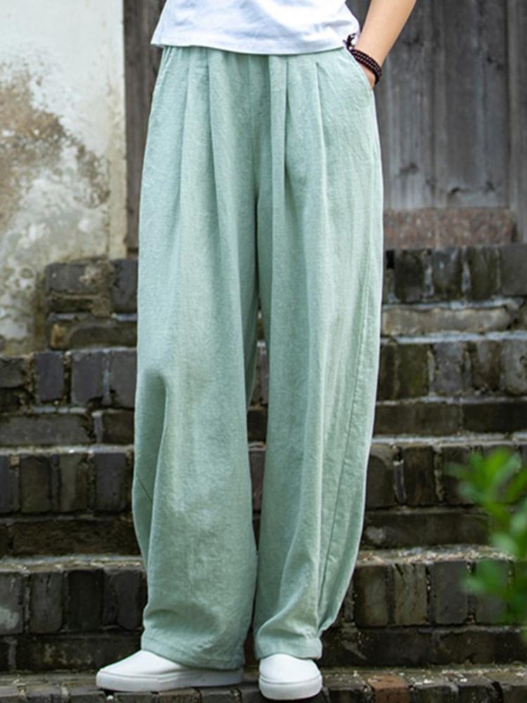 Johnature Women Loose Cotton Linen Casual Pants Solid Color Elastic Waist Lantern Pants Spring Female Trousers