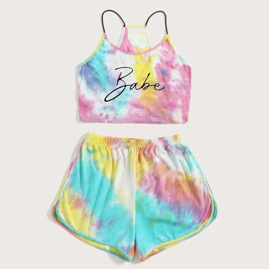 Womens Sleeveless Strappy Short Tie-dye Print Cami Belt Top And Pants Suit