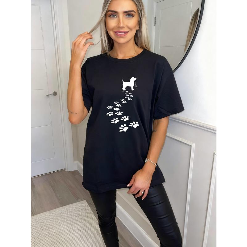 Oversized T Shirt Black Dog Paw Print Design Casual Wear For Women And Girls Summer Outfit Streetwear Fashion Trendy Graphic Tee