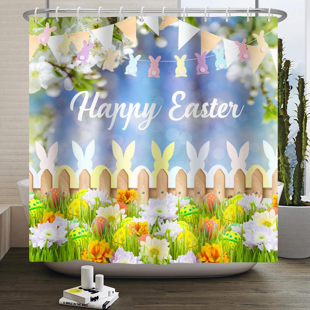 Весенняя Пасхальная Занавеска для душа Счастливый Кролик Кролик Яйца Цветочный Сад Цветочный Праздничный Водонепроницаемая Занавеска для душа для ванной комнаты с крючками