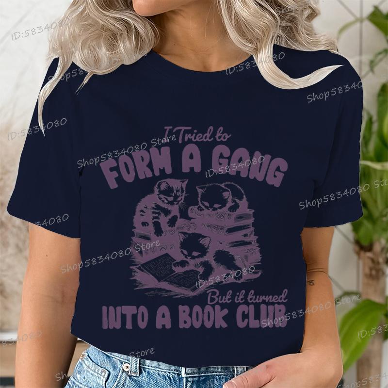 Retro Funny Reading Shirt for Women Into A Book Club Cat Graphic Tee Clothes Bookish Gifts Shirt Design Retro Librarian Tshirt