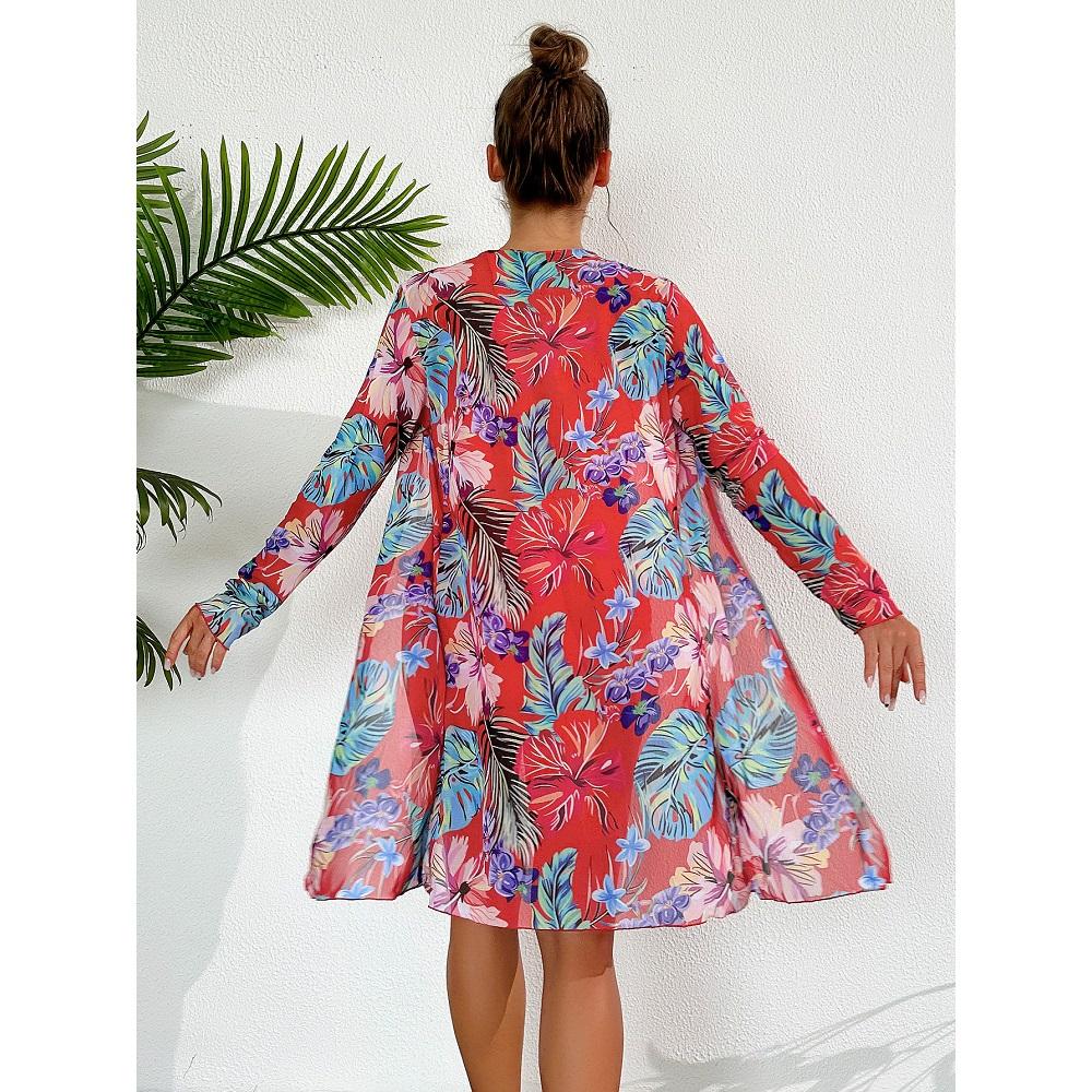 Женские комплекты бикини из трех предметов, шорты с высокой талией, купальники с длинными рукавами и принтом, пляжные бикини feminino