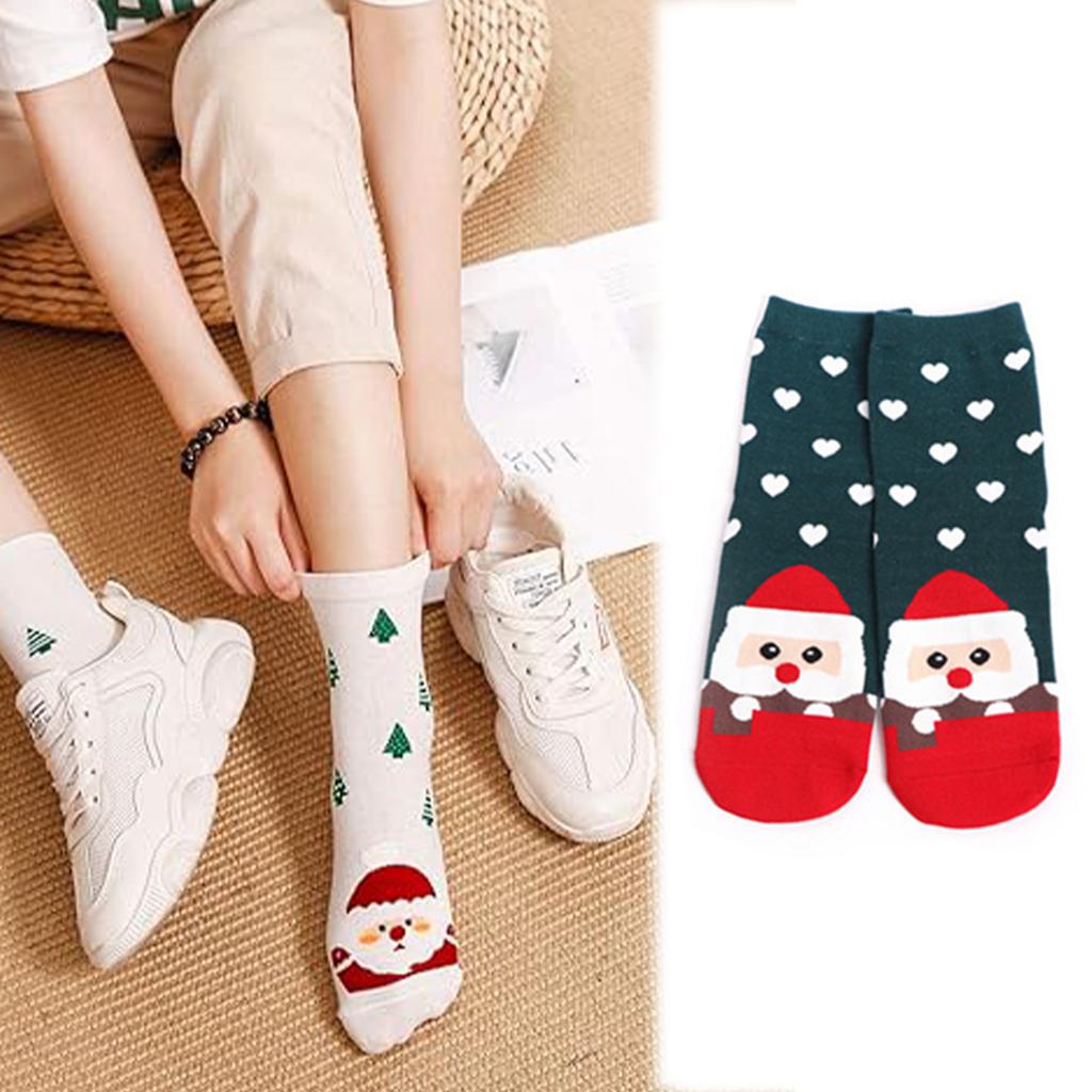 5 Pairs Set Women Christmas Crew Socks, Cute Cartoon Santa Reindeer Snowman Bear Printed Mid Calf Socks, Heart Pattern Casual Xmas Socks