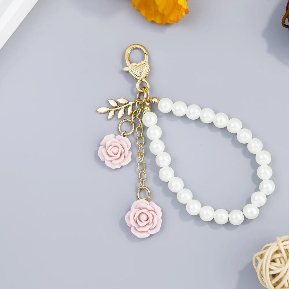 Retro Pearl Keychains for Women Bag Backpack Decor Keyring Metal Round Tag Pendant Mobile Phone Beaded Key Chain DIY Jewelry