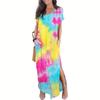 Women Summer Short Sleeve V Neck Backless Tie Dye Split Irregular Dress