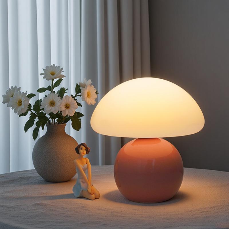 Cream Ceramic Mushroom Night Light LED Dimmable Bedside Lamp Warm Decor Lighting