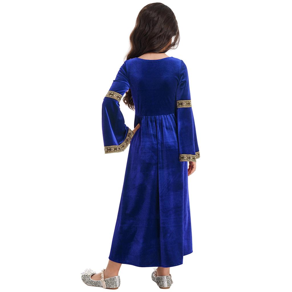Kids Girls Stylish Medieval Princess Long Flare Sleeve Vintage Pattern Dress