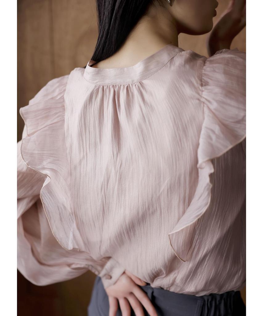 Bis Sheer Ribbon Long Sleeve Pink Women's Blouse, (63)