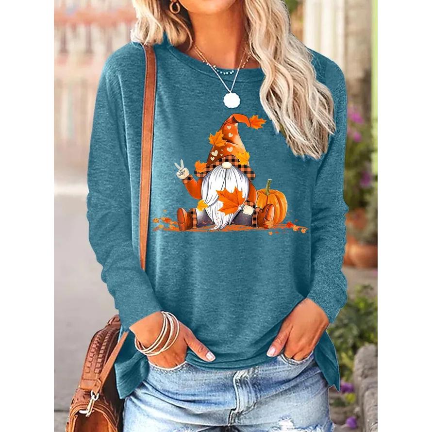 Футболки с длинными рукавами и забавным принтом для женщин, модный повседневный пуловер, осенние гномы, осенние повседневные топы в стиле Харадзюку с тыквой и принтом на День благодарения