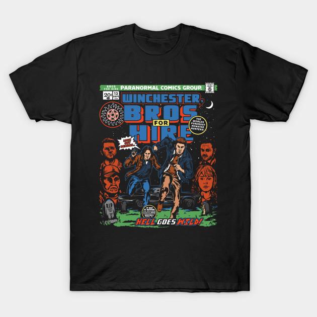 Asian Size Men Black Print T-shirt Winchester Bros For Hire No-Cut Heat Transfer Print Cotton Tshirt