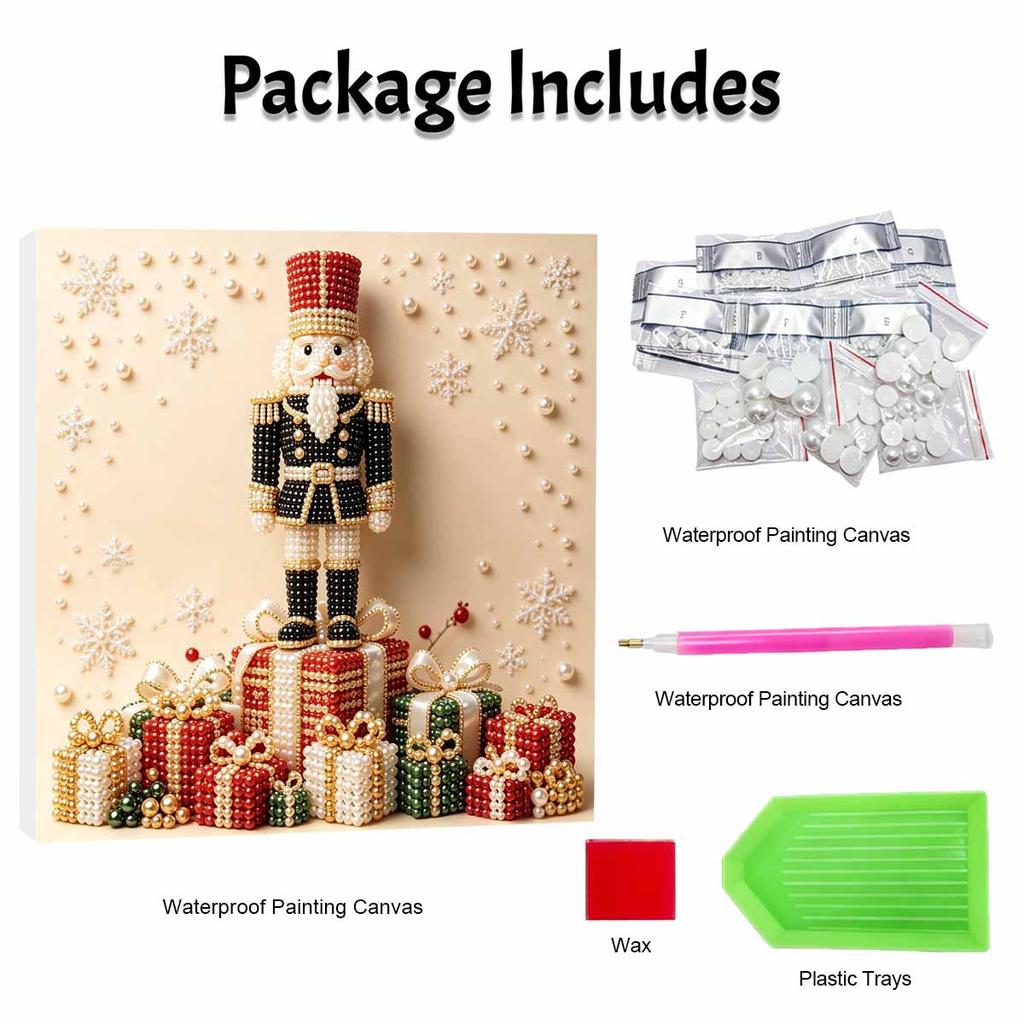 Framed Pearl Art DIY Kit with Christmas Nutcracker and Gift Boxes 3D Sparkling Bead Canvas Painting Handmade Gift for Home Decoration