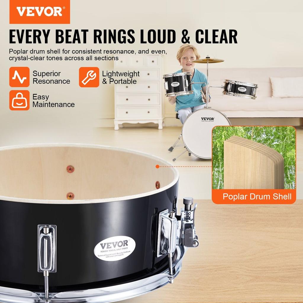 Kids Drum Set 3-Piece 14 in Beginner Drum Set for Child with Throne Black