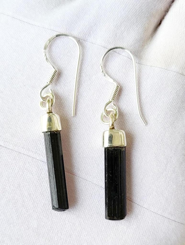 Natural Raw Black Tourmaline Gemstone 925 Sterling Silver Earring, Gift Earring