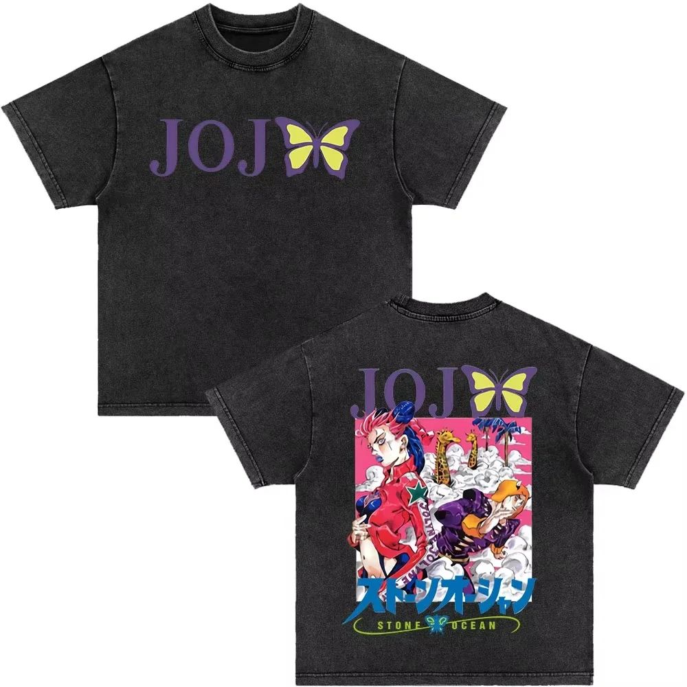 Japanese Anime Jojo Bizarre Adventure Vintage Washed T-Shirt Killer Queen Graphic T Shirts Men Women Cosplay Oversized T-shirt