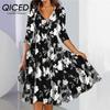Spring Women's Knitted Loose 3/4 Sleeves Printed V-Neck Dress