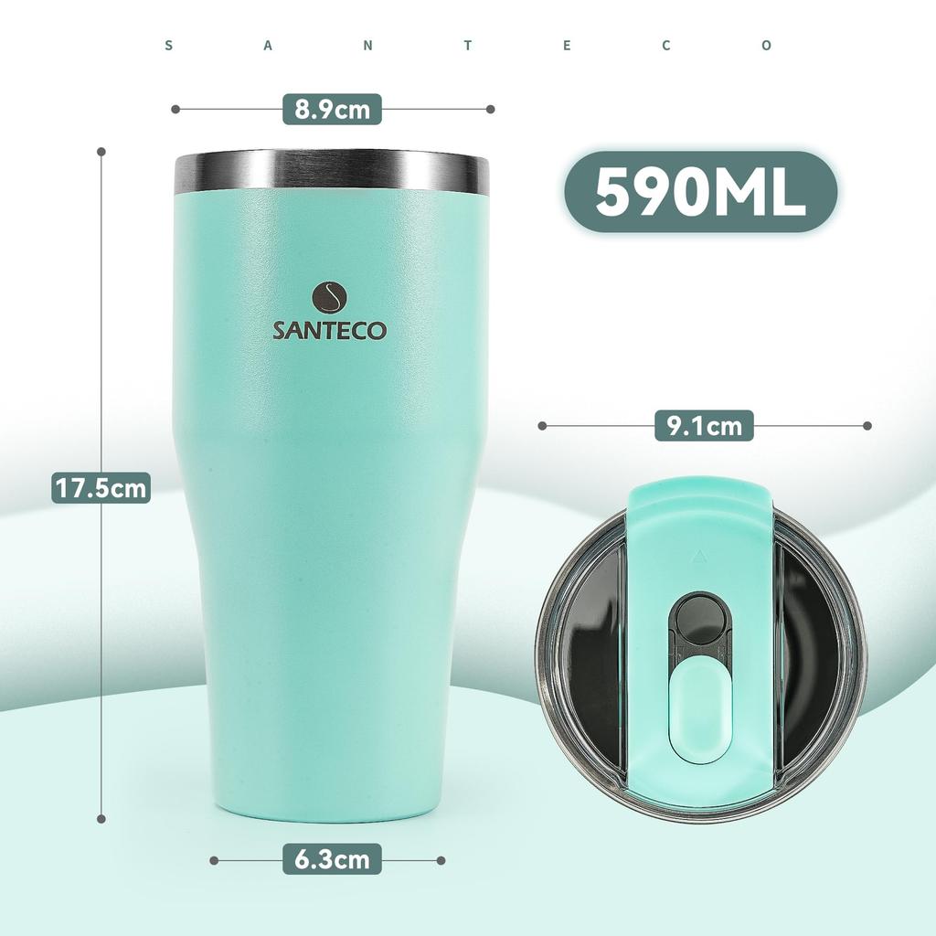 SANTECO ESCAPE with Lid and Large Keeps Drinks Hot or Stainless Vacuum Wide Mouth Green Tumbler, 590ml, Straw, Capacity, Cold, Stylish, 18/8 Steel,