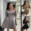 2024 Women's Autumn Long-Sleeve Waist-Hugging Lapel Dress – Solid Color