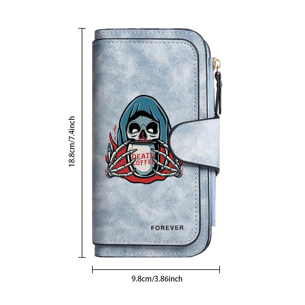 Gothic Grim Reaper Coffee Printed Long Wallet Multi Card Slot Zipper Purse