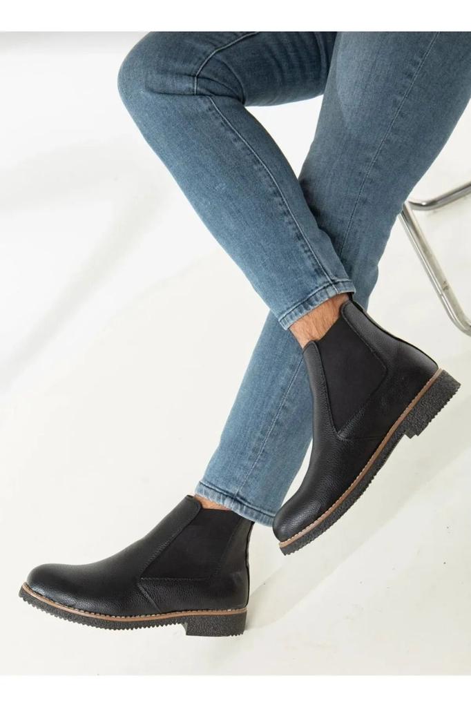 Men's Fashion Faux Leather Thick Heeled Booties Black Chelsea Daily Comfortable Ankle Boots Shoes