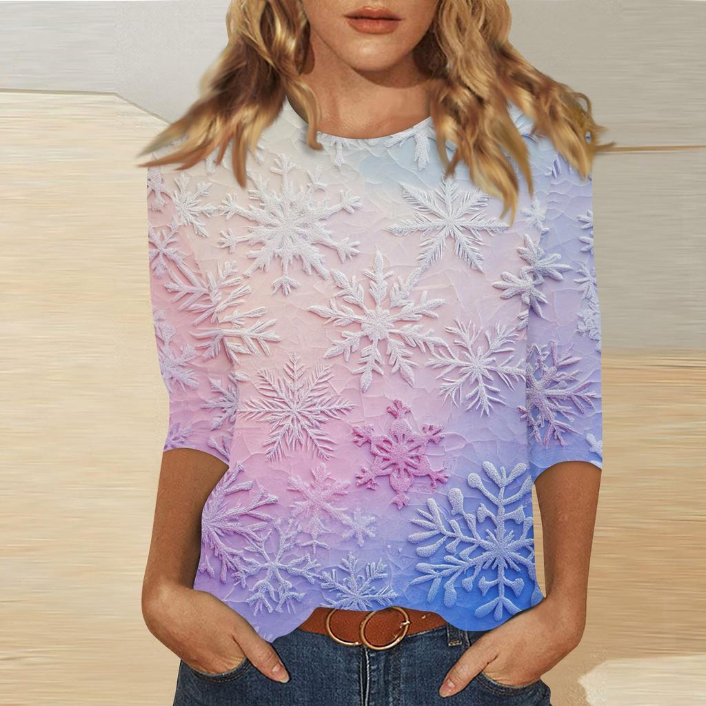 Женская мода повседневная три четверти рукава рождественский принт круглый вырез пуловер топ