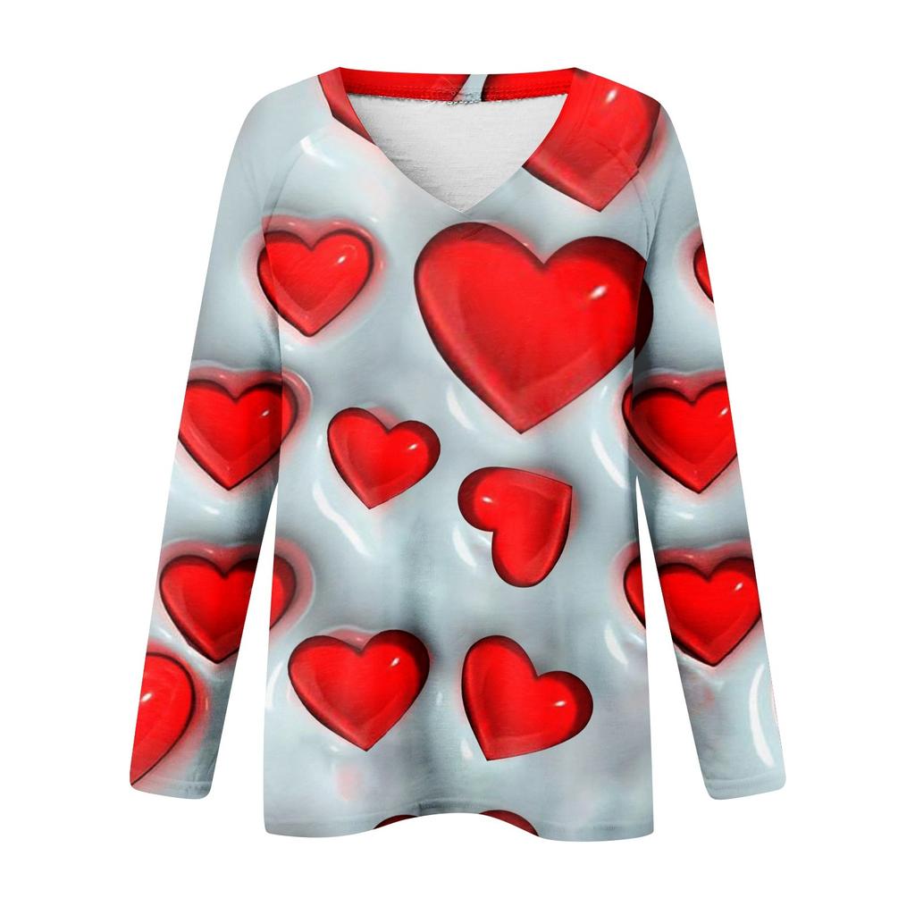 Women's Long Sleeved T-shirt V-neck Valentine's Day Print Casual And Comfortable Top