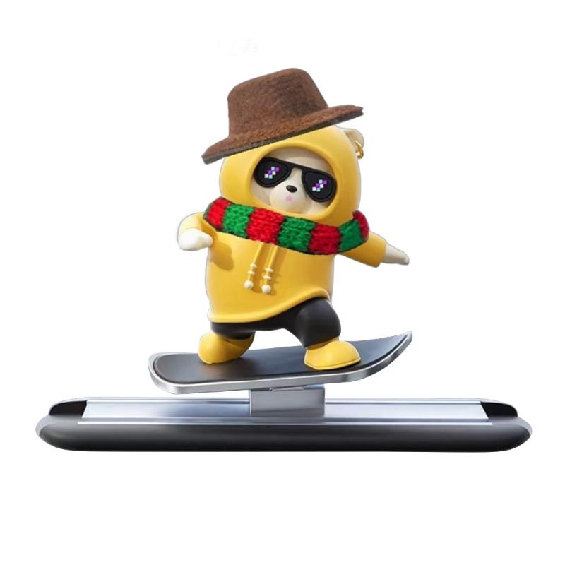 Car Interior Decorations Cute Dashboard Ornament Cartoon Skateboarding Bear Decor Car Interior Accessory Gift for Friend