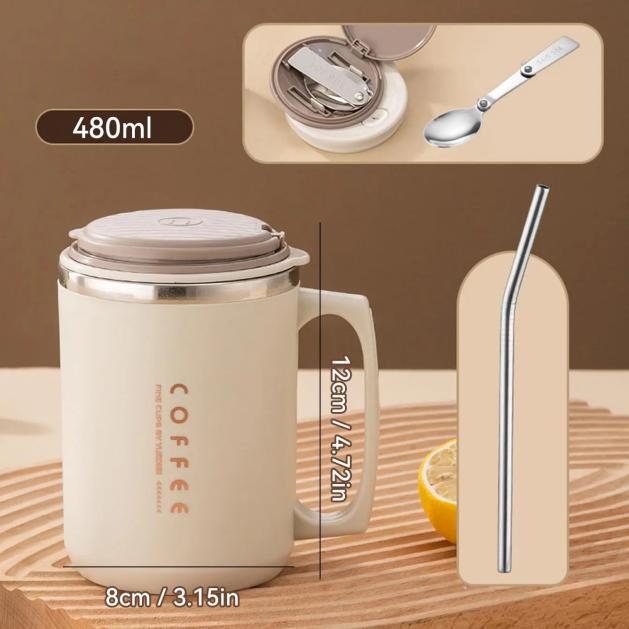 WORTHBUY 480ml 304 Stainless Steel Coffee Mug With Lid&Spoon&Straw,Insulated Coffee Cup For Student Adult Office Drinking Cup