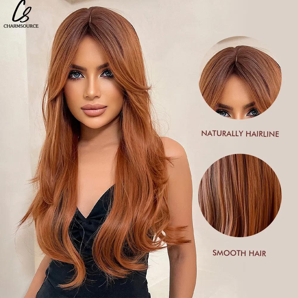 Long Straight Wig with Bangs Orange Iron Red Ginger Synthetic Wigs Daily Party Cosplay Wig for Women Heat Resistant Fiber Hair