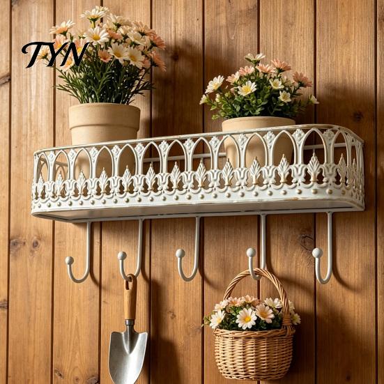Space Saving Entryway Hooks Wall Mounted Floating Shelves, Metal Shelf with 5 Hooks, Key Holder Organizer for Bags And Hats Mail Organizer,