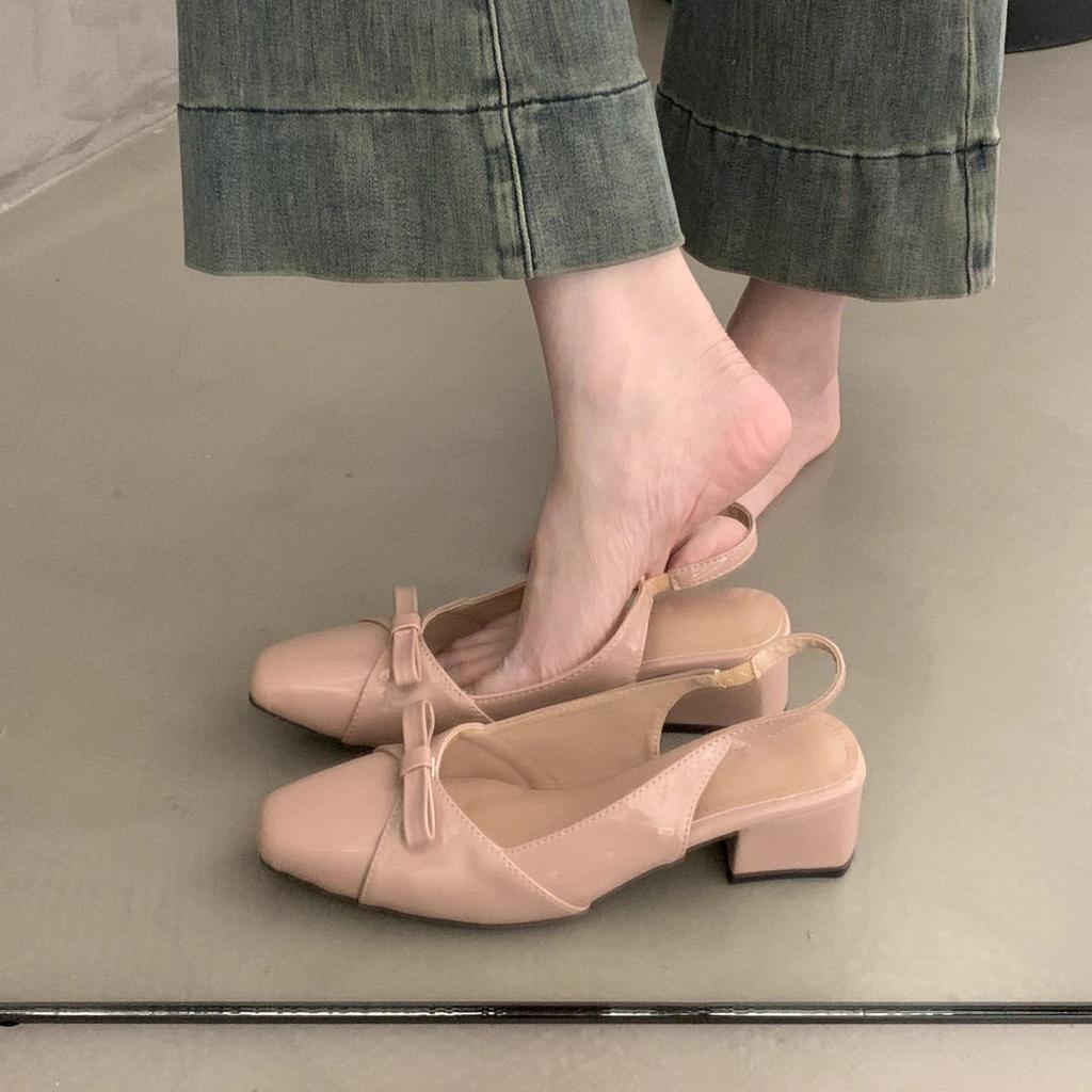 French Bow Empty Bag Head Sandals Women's New Gentle Wind Temperament with Skirt Thick Heel Square Head Single Shoes