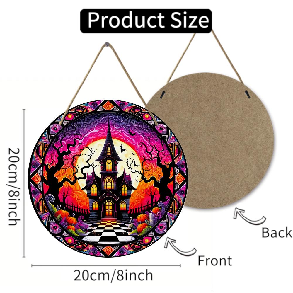 Stained glass style gothic haunted house round wooden hanging plaque spooky pumpkin wall sign festival home decor front door indoor ornament
