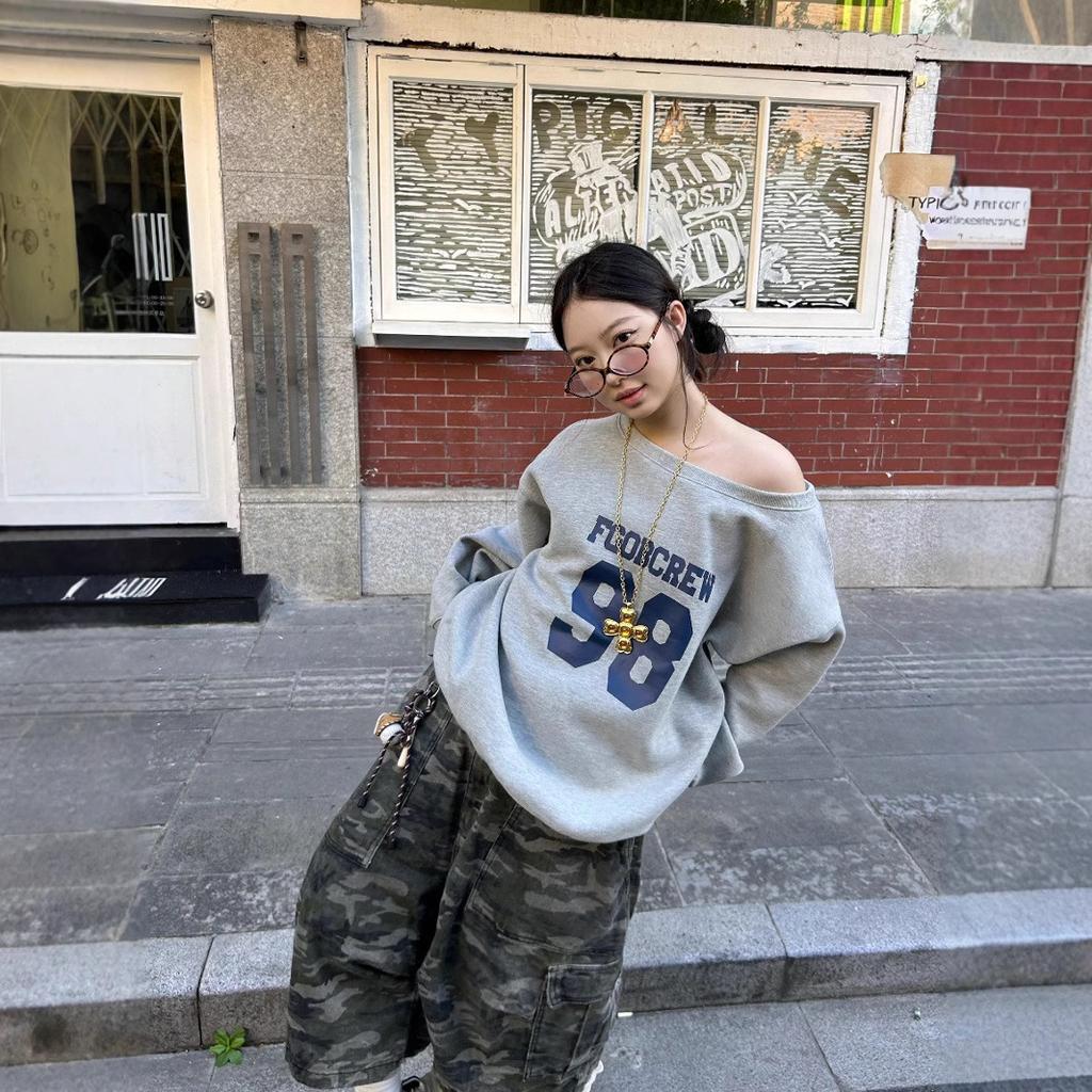 Ретро Цифровая Джерси Свободный Повседневный Плюс Бархат Спущенное Плечо Пуловер Толстовка для Женской Осени и Зимы Новый Дизайн Топ